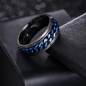 Men’s Black & Blue anxiety spin ring, rotatable chain, fidget, stress relief